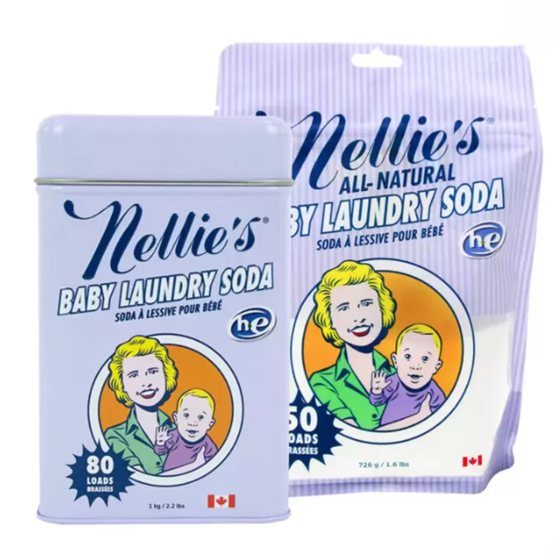 Nellie's All-Natural Baby Laundry Soda in tin and pouch packaging from Canada