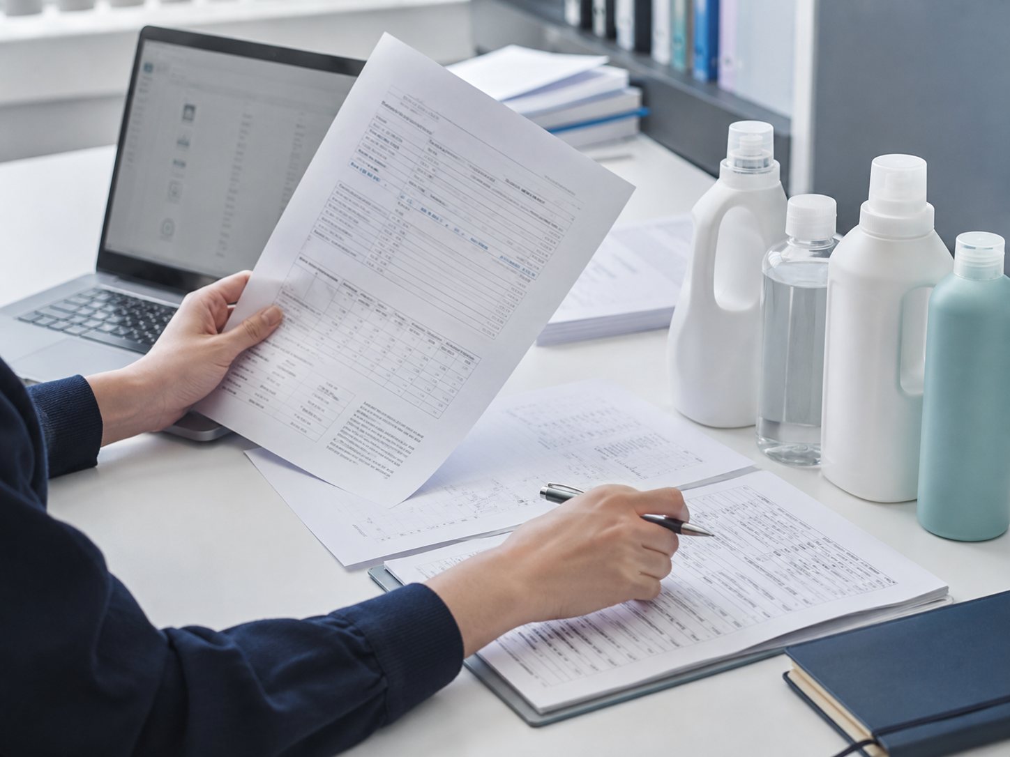 Reviewing an ingredient list and test report at a desk, with laundry product bottles alongside