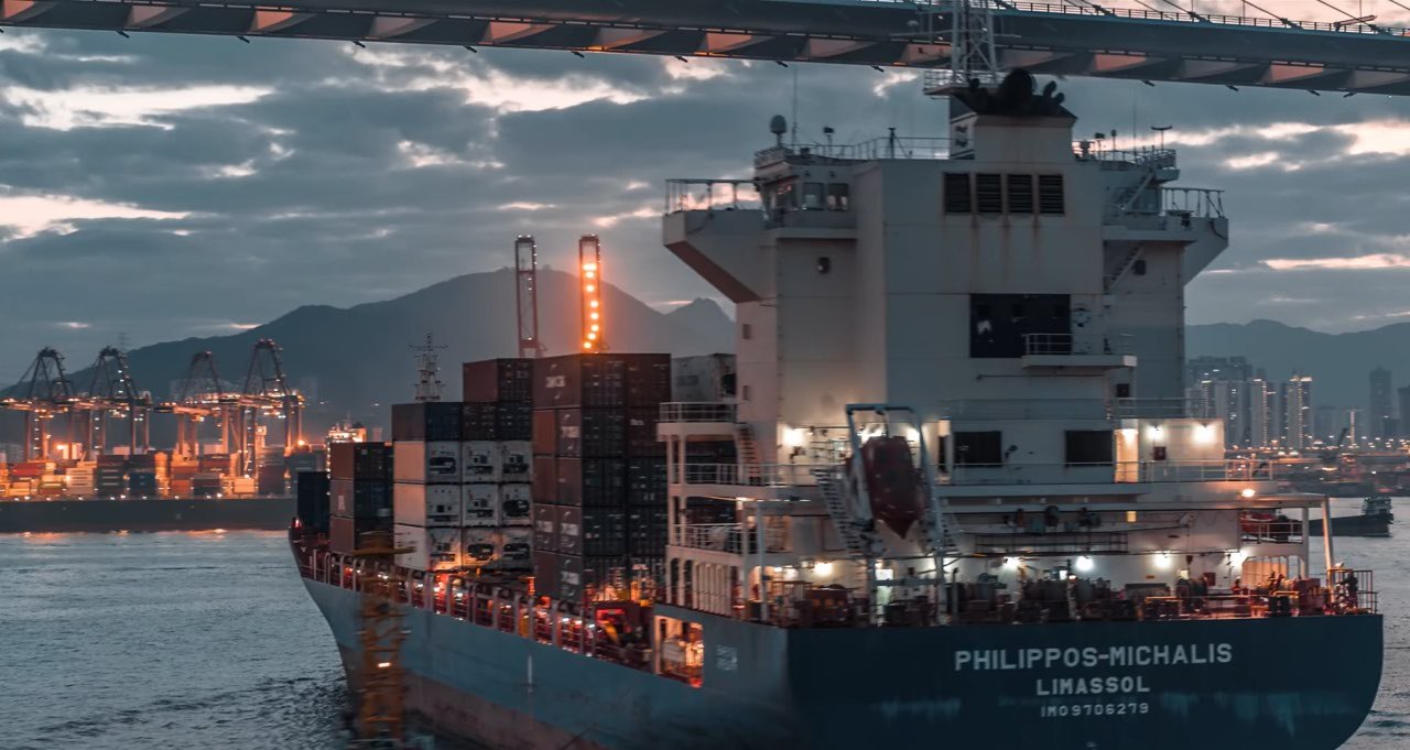 A container ship passing under a bridge at dusk, with port cranes and mountains behind